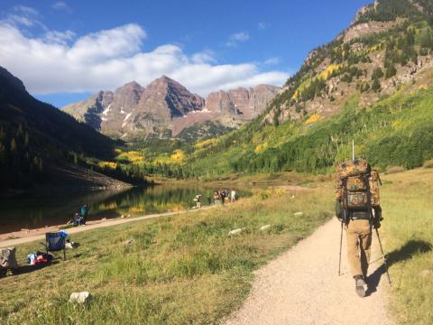 hiking the trail in Maroon Bells